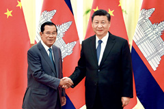 Chinese President Xi Jinping meets Cambodian Prime Minister Hun Sen at the Great Hall of the People in Beijing on February 5, 2020.