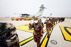 Eight PLA Air Force transport aircraft carrying 795 military health workers and 58 tons of relief materials from Shenyang, Lanzhou, Guangzhou and Nanjing land at Wuhan Tianhe Airport on February 2.
