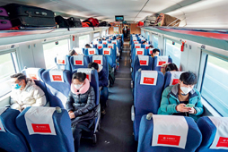Workers from the central Chinese provinces of Henan and Anhui return to work on a free train trip sponsored by the municipal government of Kunshan, Jiangsu Province. From February 20 to 29, nearly 10,000 workers were transported by the special trains to Kunshan. Measures such as frequent temperature monitoring and scattered seats were adopted to help epidemic prevention and control.