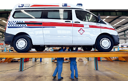 A negative pressure ambulance (NPA) workshop in Tangshan Yate Special Vehicles Co., Ltd., Hebei Province, February 8, 2020. Many of the company's vehicles were deployed on front lines to combat coronavirus.