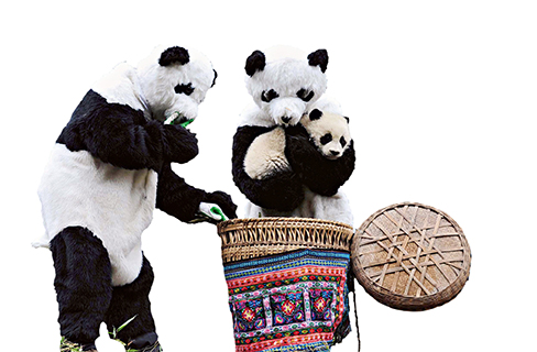 The offspring of giant panda “Cao Cao” is transferred by keepers in panda costumes to a new location in a tailor-made basket for the second phase of field training in Wolong Nature Reserve, Sichuan Province, on February 20, 2011. (HENG YI)
